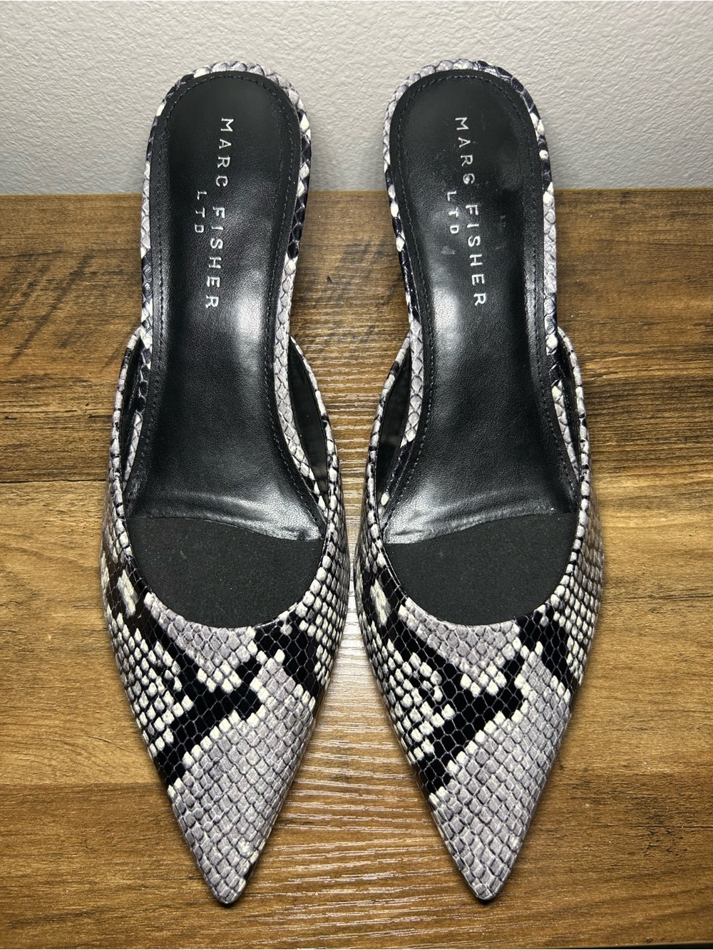 Marc Fisher Snake-Print Pointed Toe Mules in Black and Gray